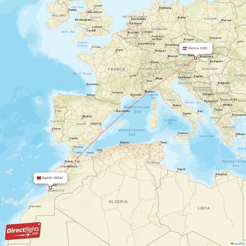 Agadir - Vienna direct flight map