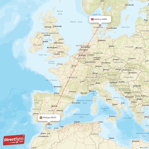 Malaga - Aarhus direct flight map