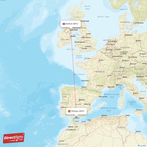 Malaga - Belfast direct flight map
