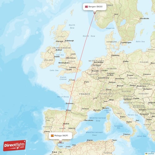 Malaga - Bergen direct flight map