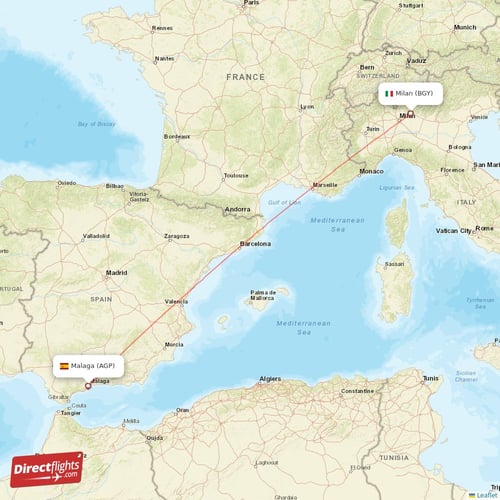 Malaga - Milan direct flight map