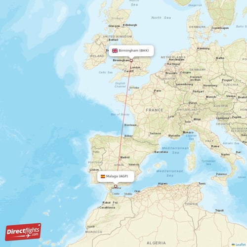 Malaga - Birmingham direct flight map
