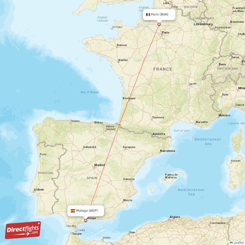 Malaga - Paris direct flight map