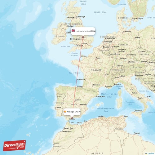 Malaga - Leicestershire direct flight map