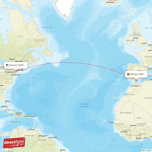 Malaga - New York direct flight map