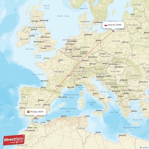 Malaga - Gdansk direct flight map