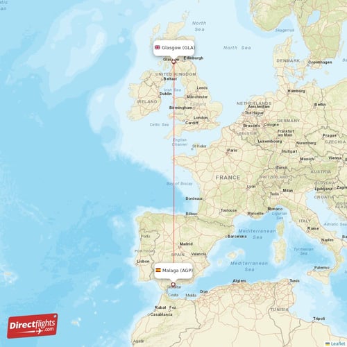 Malaga - Glasgow direct flight map