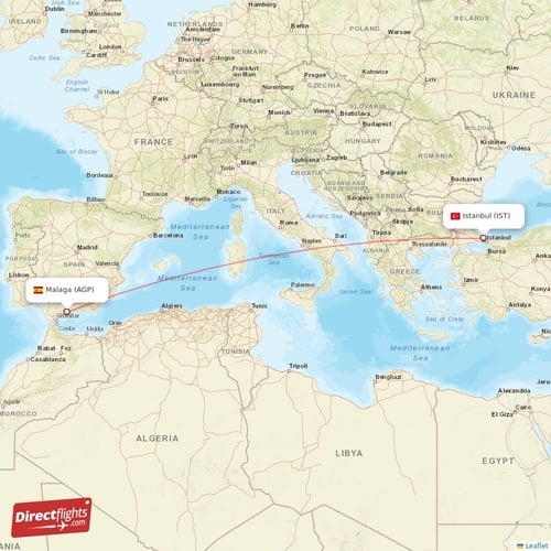 Malaga - Istanbul direct flight map