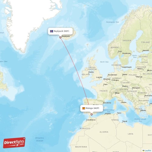 Malaga - Reykjavik direct flight map