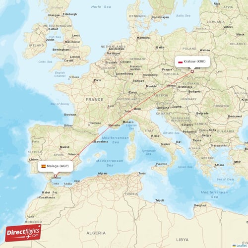 Malaga - Krakow direct flight map