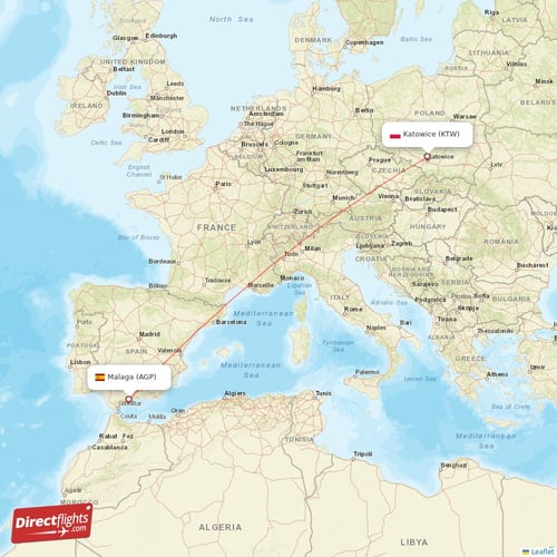 Malaga - Katowice direct flight map