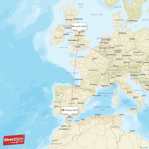 Malaga - Leeds direct flight map