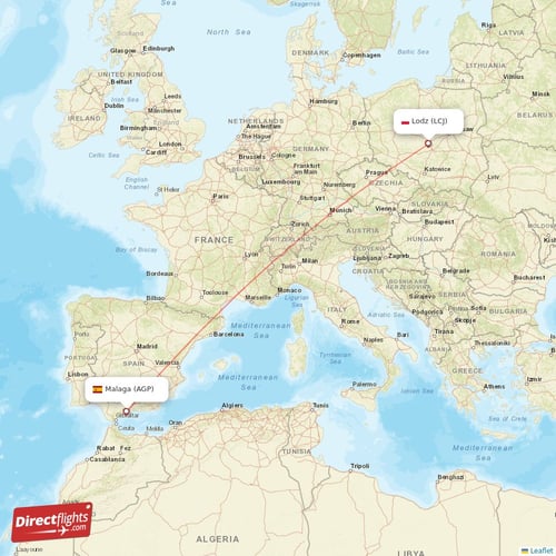 Malaga - Lodz direct flight map