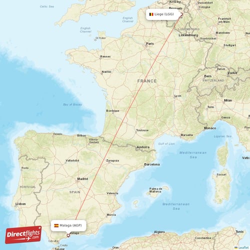 Malaga - Liege direct flight map