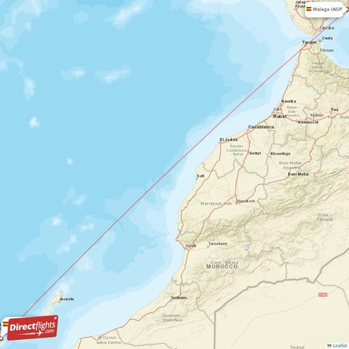 Malaga - Las Palmas direct flight map