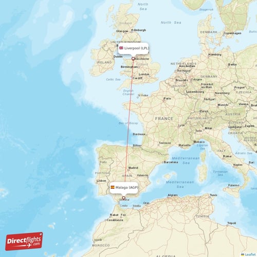 Malaga - Liverpool direct flight map