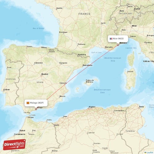 Malaga - Nice direct flight map