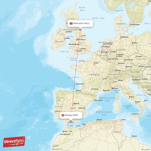 Malaga - Newcastle direct flight map