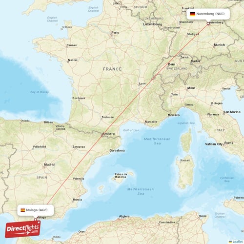 Malaga - Nuremberg direct flight map