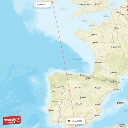 Malaga - Cork direct flight map