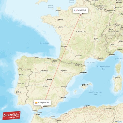 Malaga - Paris direct flight map