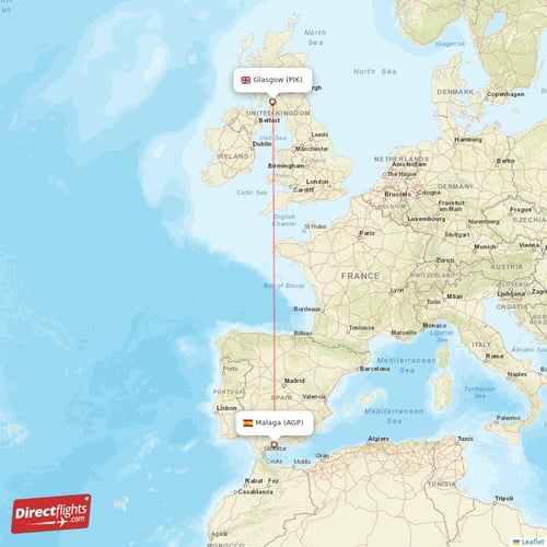 Malaga - Glasgow direct flight map