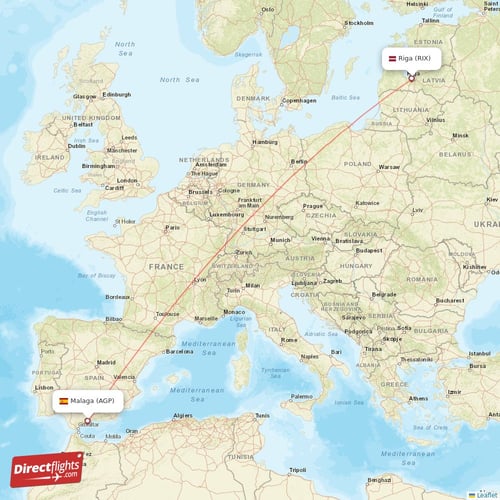 Malaga - Riga direct flight map