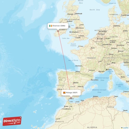 Malaga - Shannon direct flight map