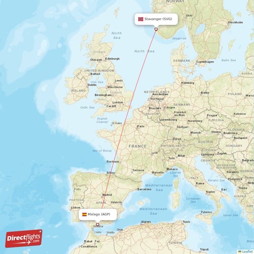Malaga - Stavanger direct flight map