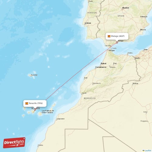 Malaga - Tenerife direct flight map