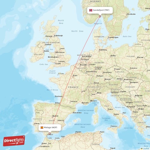 Malaga - Sandefjord direct flight map