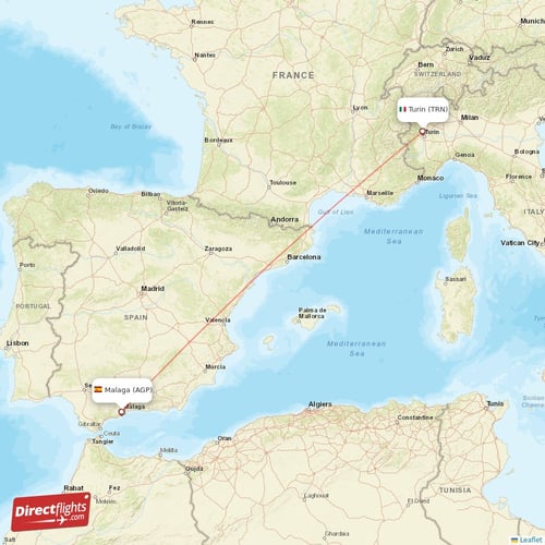 Malaga - Turin direct flight map