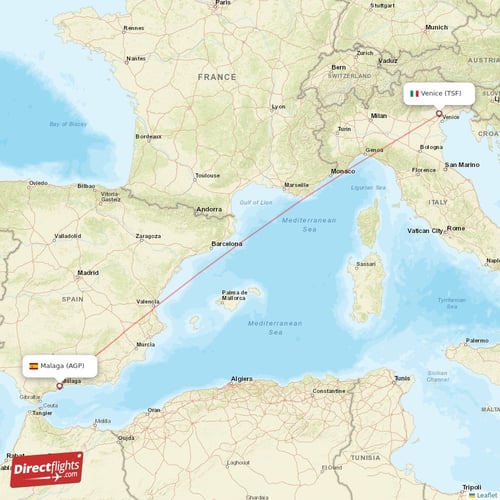 Malaga - Venice direct flight map