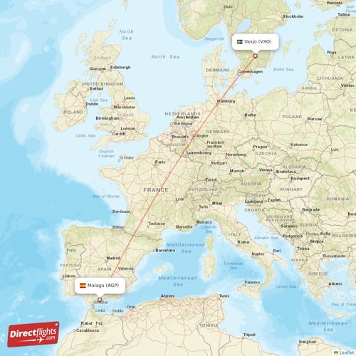 Malaga - Vaxjo direct flight map
