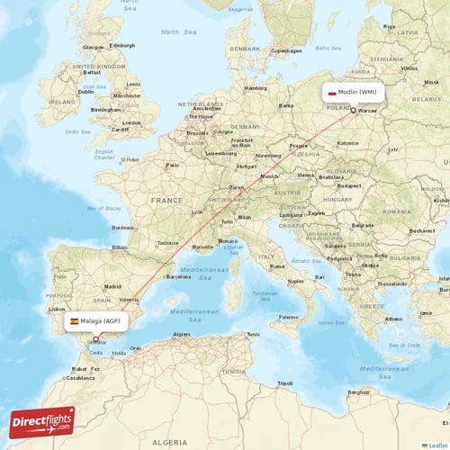 Malaga - Modlin direct flight map