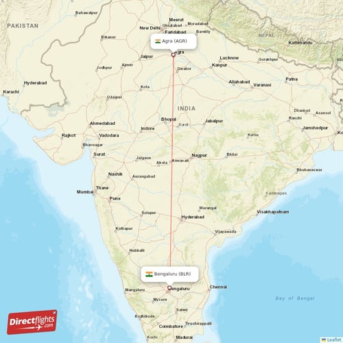 Agra - Bengaluru direct flight map