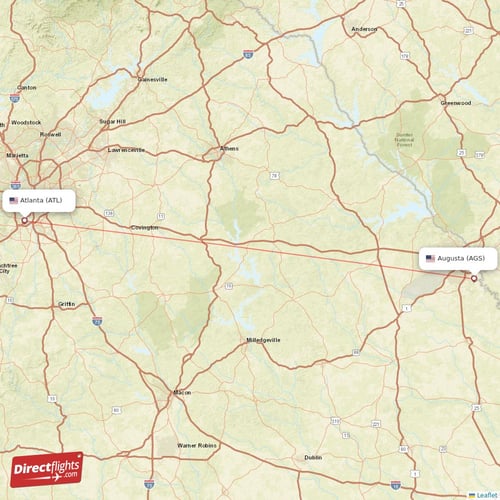Augusta - Atlanta direct flight map