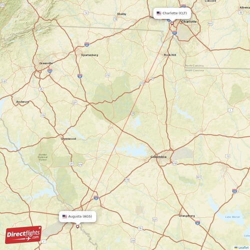 Augusta - Charlotte direct flight map
