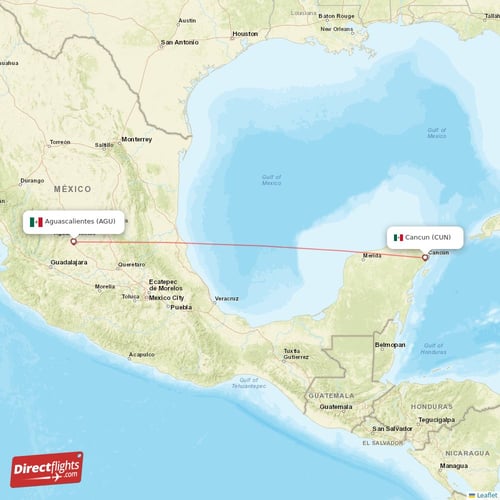 Aguascalientes - Cancun direct flight map