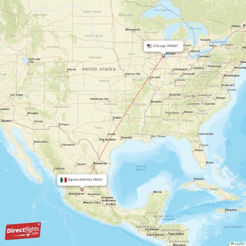 Aguascalientes - Chicago direct flight map