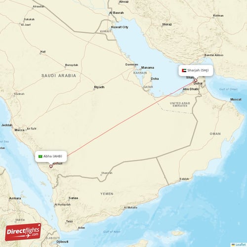 Abha - Sharjah direct flight map