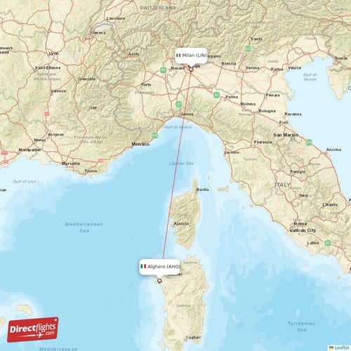 Alghero - Milan direct flight map