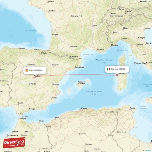 Alghero - Madrid direct flight map