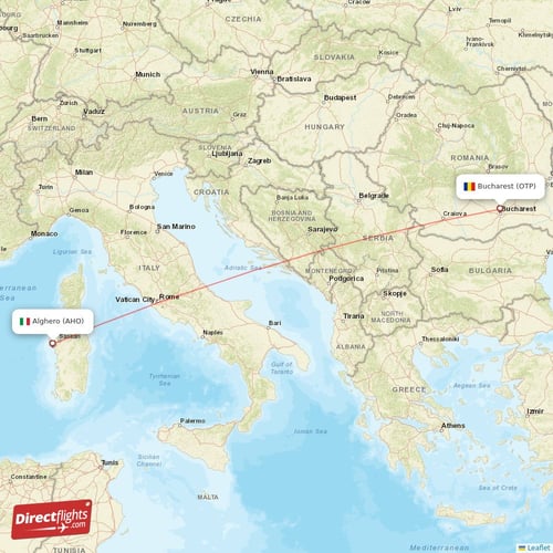 Alghero - Bucharest direct flight map