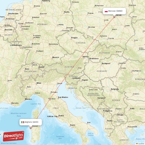 Alghero - Warsaw direct flight map