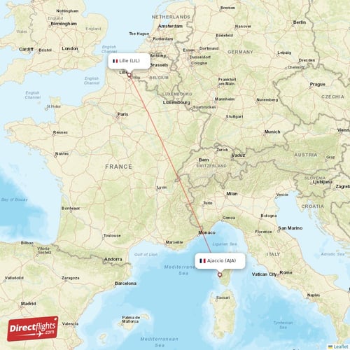 Ajaccio - Lille direct flight map