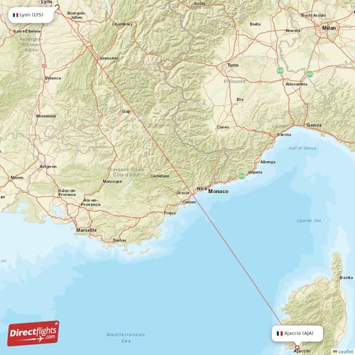 Ajaccio - Lyon direct flight map