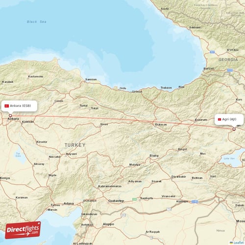 Agri - Ankara direct flight map