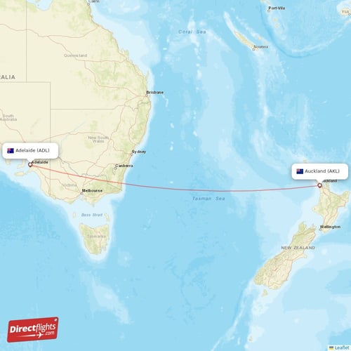 Auckland - Adelaide direct flight map