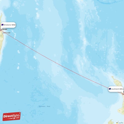 Auckland - Brisbane direct flight map